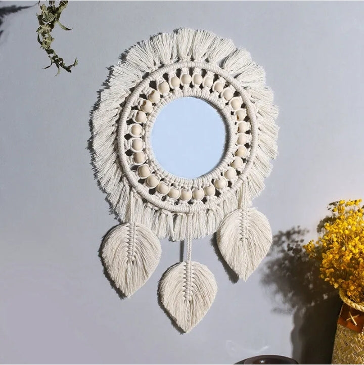 Braided Leaf Feather Mirror Wall Hanging